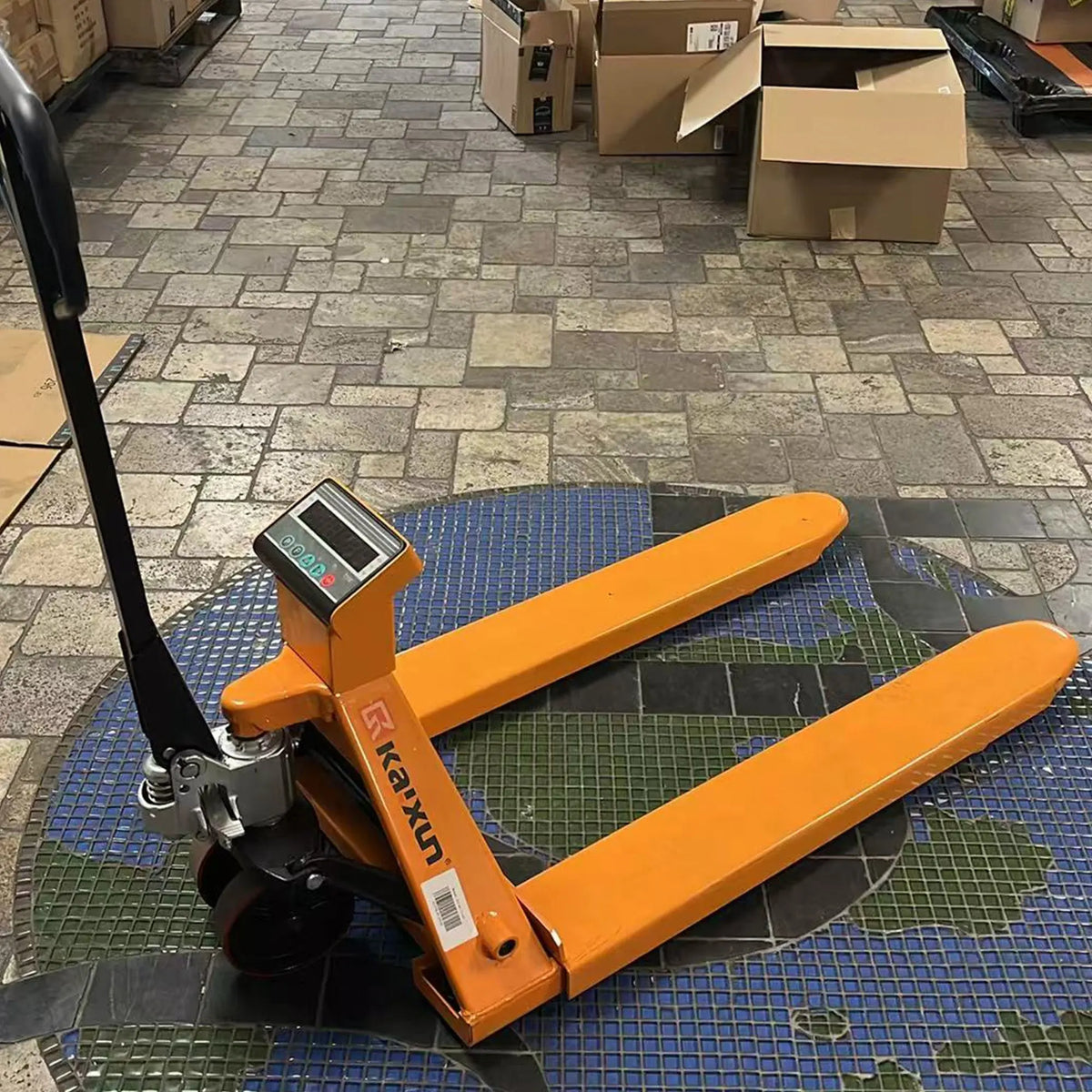 Used Scale Pallet Jack 6600 lbs, 27"W x 45"L Fork, PU wheels - Good Condition KAIXUN
