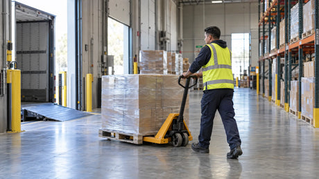 Warehouse associate moving a pallet with a generic manual pallet truck along a receiving-to-storage route